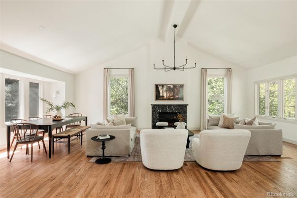 Dining room, Fireplace, Interior, Living room, Pendant Lights, Wood Texture Flooring