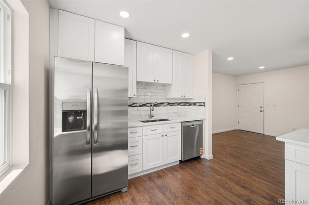 Interior, Kitchen, Recessed Lighting, Stainless Steel Appliances, Wood Texture Flooring