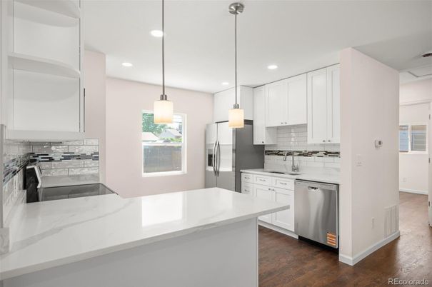 Interior, Kitchen, Pendant Lights, Recessed Lighting, Stainless Steel Appliances, Wood Texture Flooring