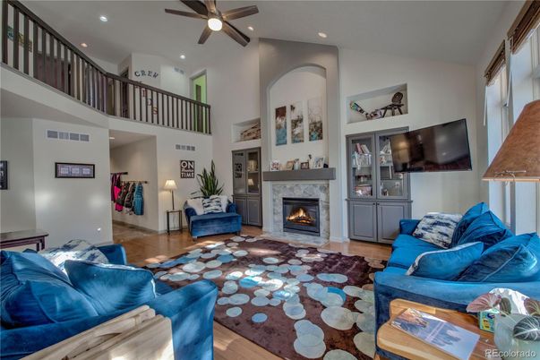 Fireplace, Interior, Living room, Recessed Lighting, Wood Texture Flooring