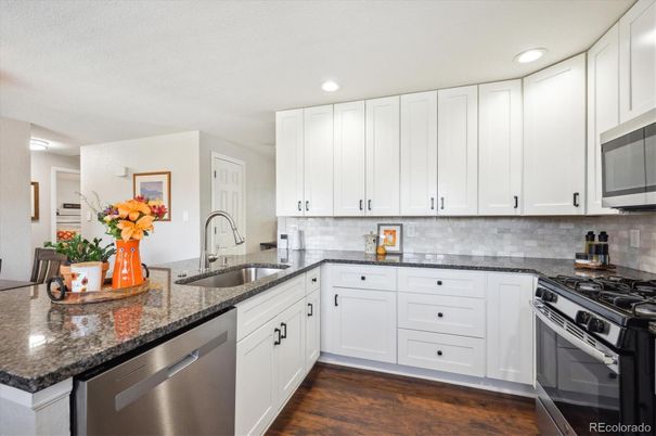 Interior, Kitchen, Recessed Lighting, Stainless Steel Appliances, Wood Texture Flooring
