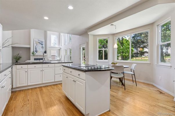 Dining room, Interior, Kitchen, Pendant Lights, Recessed Lighting, Wood Texture Flooring