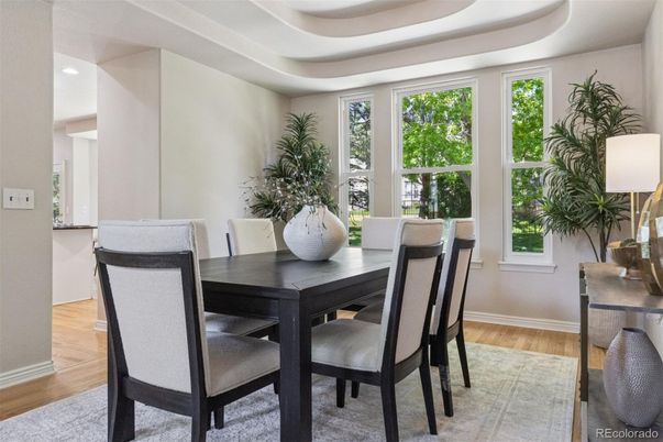 Dining room, Interior, Recessed Lighting, Wood Texture Flooring