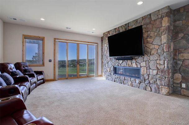 Home Theatre Room, Fireplace, Interior, Recessed Lighting, Stone Walls
