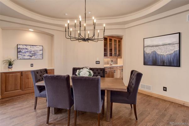 Chandelier, Dining room, Interior, Recessed Lighting, Wood Texture Flooring