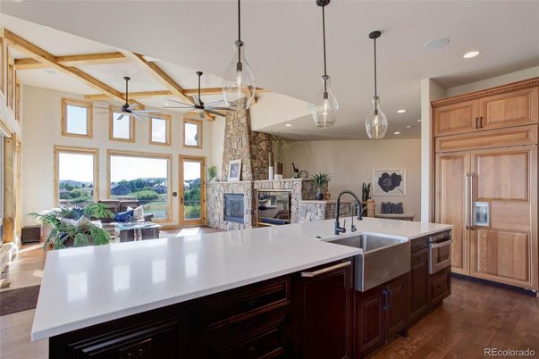 Fireplace, Interior, Kitchen, Pendant Lights, Recessed Lighting, Wood Texture Flooring