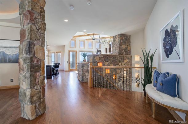 Fireplace, Interior, Recessed Lighting, Stone Walls, Wood Texture Flooring