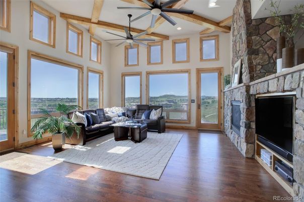Fireplace, Interior, Living room, Recessed Lighting, Stone Walls, Wooden Beams, Wood Texture Flooring