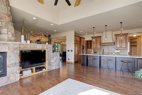 Fireplace, Interior, Kitchen, Pendant Lights, Recessed Lighting, Wood Texture Flooring