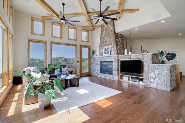 Fireplace, Interior, Recessed Lighting, Stone Walls, Wooden Beams, Wood Texture Flooring