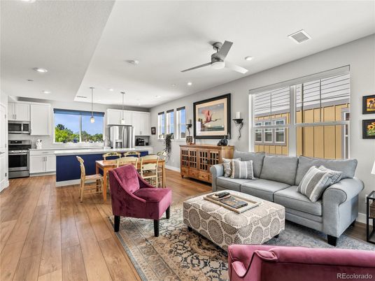 Dining room, Interior, Kitchen, Living room, Pendant Lights, Recessed Lighting, Stainless Steel Appliances, Wood Texture Flooring