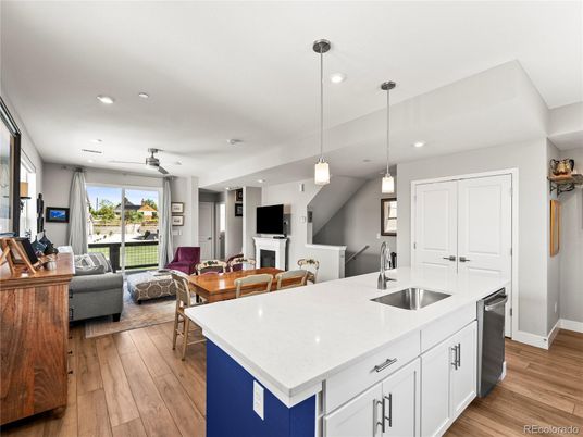 Interior, Kitchen, Living room, Pendant Lights, Recessed Lighting, Wood Texture Flooring