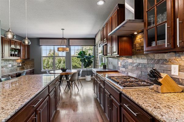 Dining room, Interior, Kitchen, Pendant Lights, Recessed Lighting, Wood Texture Flooring