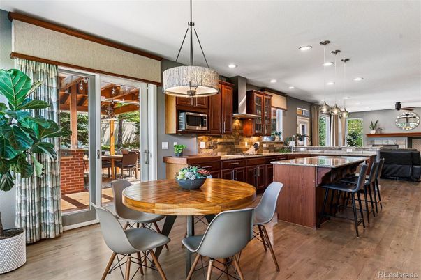 Dining room, Interior, Kitchen, Pendant Lights, Recessed Lighting, Wood Texture Flooring
