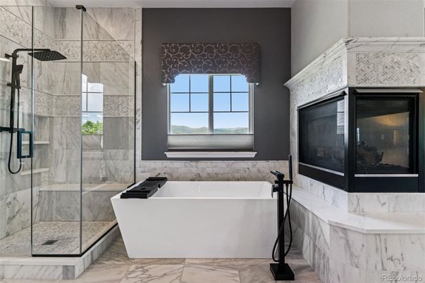 Bathroom, Free Standing Baths, Glass Shower, Interior, Marble, Marble Walls