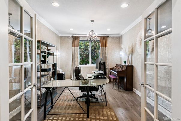 Chandelier, Home Office, Interior, Piano, Recessed Lighting, Wood Texture Flooring