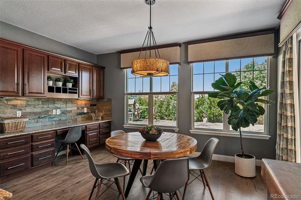 Dining room, Interior, Pendant Lights, Wood Texture Flooring