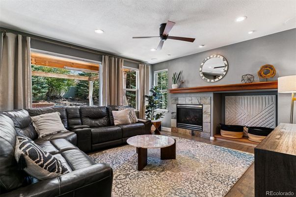 Fireplace, Interior, Living room, Recessed Lighting, Wood Texture Flooring