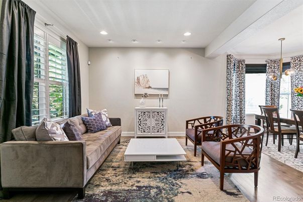 Dining room, Interior, Living room, Pendant Lights, Recessed Lighting, Wood Texture Flooring