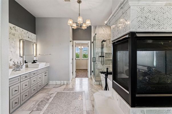 Bathroom, Chandelier, Dual Sink Vanities, Glass Shower, Interior, Marble, Pendant Lights