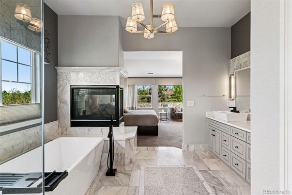 Bathroom, Bedroom, Fireplace, Free Standing Baths, Interior, Marble, Pendant Lights