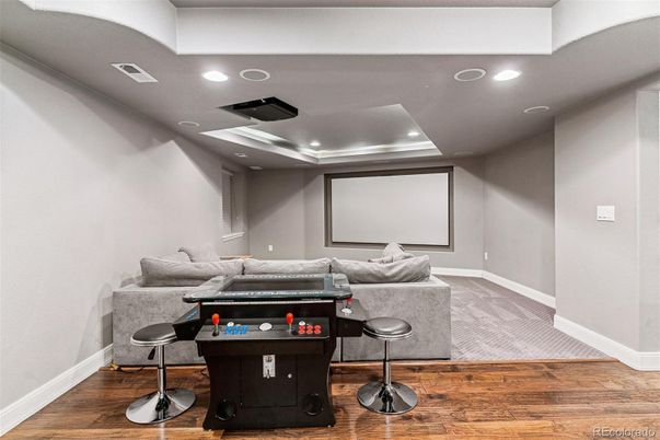 Interior, Projection Screen, Recessed Lighting, Theatre Room, Wood Texture Flooring