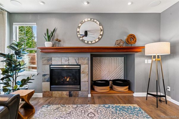 Fireplace, Interior, Recessed Lighting, Wood Texture Flooring