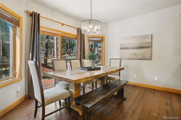 Dining room, Interior, Pendant Lights, Wood Texture Flooring