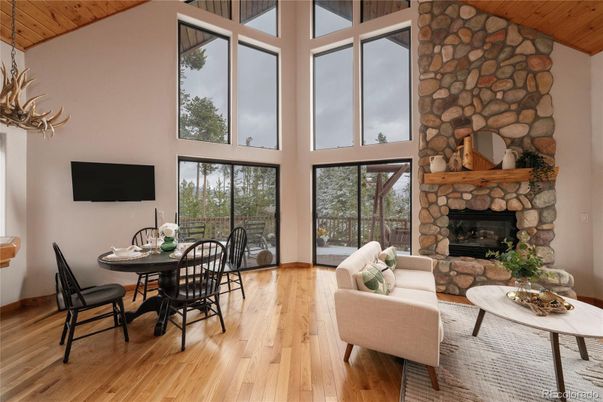 Dining room, Fireplace, Interior, Stone Walls, Wooden Ceilings, Wood Texture Flooring