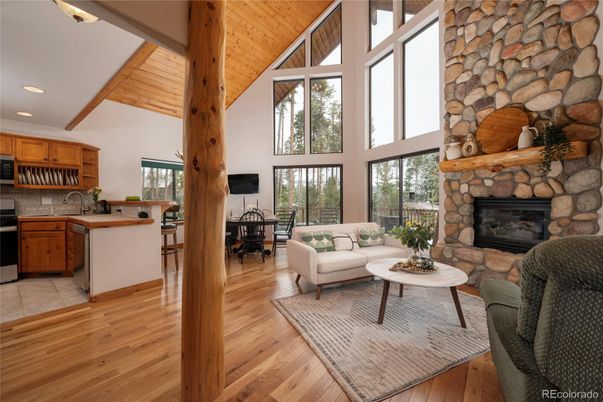 Dining room, Fireplace, Interior, Kitchen, Living room, Recessed Lighting, Stone Walls, Wooden Beams, Wooden Ceilings, Wood Texture Flooring
