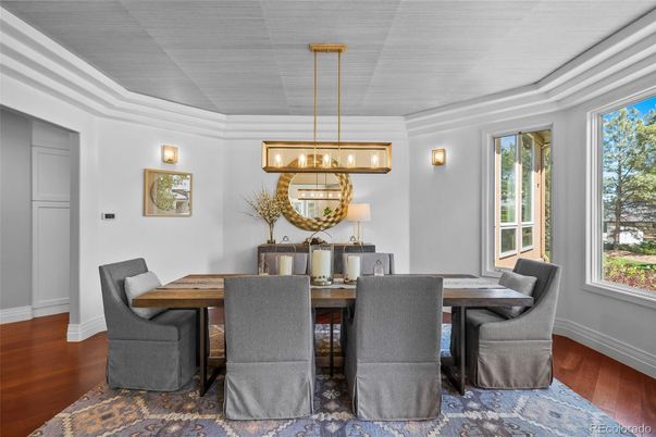 Dining room, Interior, Pendant Lights, Wood Texture Flooring