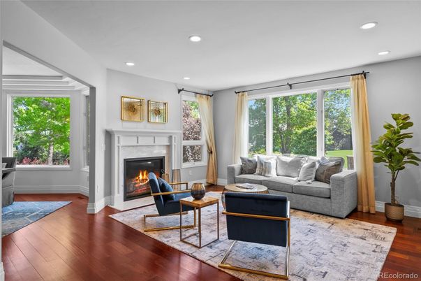 Fireplace, Interior, Living room, Recessed Lighting, Wood Texture Flooring