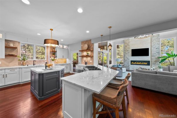 Fireplace, Interior, Kitchen, Living room, Pendant Lights, Recessed Lighting, Stone Walls, Wood Texture Flooring