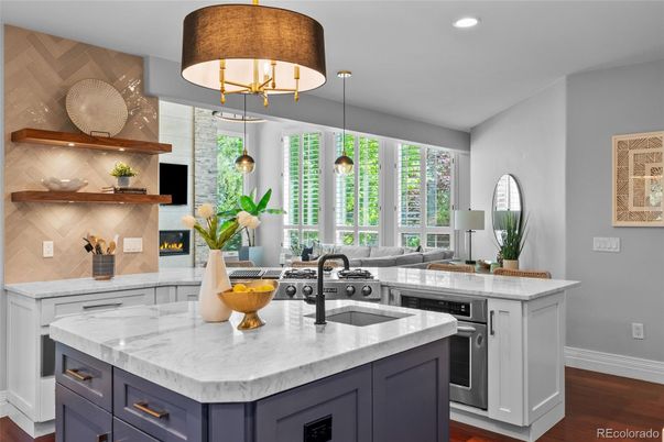 Chandelier, Interior, Kitchen, Pendant Lights, Recessed Lighting, Stainless Steel Appliances, Wood Texture Flooring