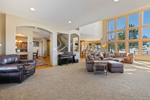 Dining room, Interior, Living room, Pendant Lights, Piano, Recessed Lighting, Wood Texture Flooring