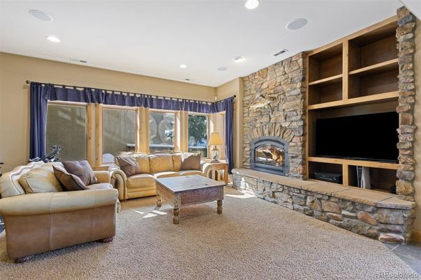 Fireplace, Interior, Living room, Recessed Lighting, Stone Walls