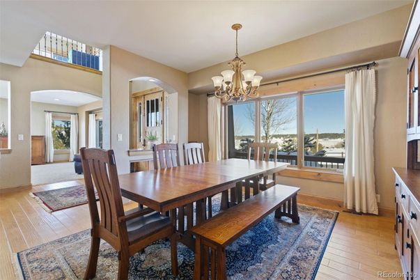 Chandelier, Dining room, Interior, Recessed Lighting, Wood Texture Flooring