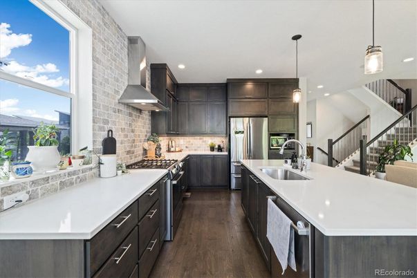 Interior, Kitchen, Pendant Lights, Recessed Lighting, Stainless Steel Appliances, Wood Texture Flooring