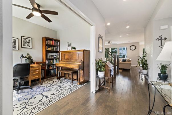 Home Office, Interior, Piano, Recessed Lighting, Wood Texture Flooring
