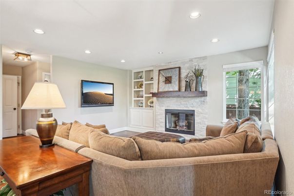Fireplace, Interior, Living room, Recessed Lighting, Wood Texture Flooring