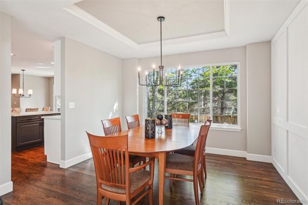 Chandelier, Dining room, Interior, Pendant Lights, Recessed Lighting, Wood Texture Flooring