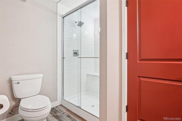 Bathroom, Glass Shower, Interior, Wood Texture Flooring