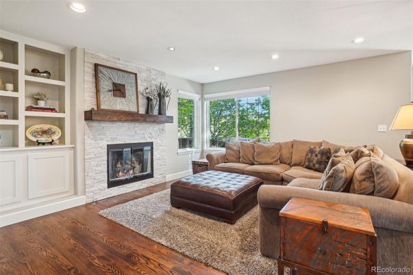 Fireplace, Interior, Living room, Recessed Lighting, Wood Texture Flooring
