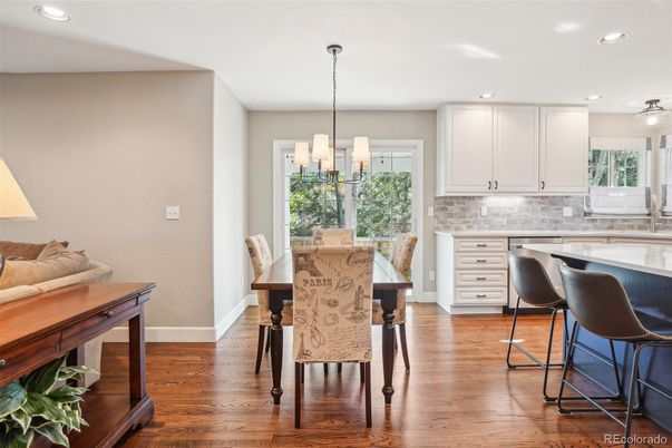 Dining room, Interior, Pendant Lights, Recessed Lighting, Wood Texture Flooring