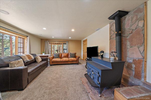 Fireplace, Interior, Living room, Recessed Lighting, Stone Walls
