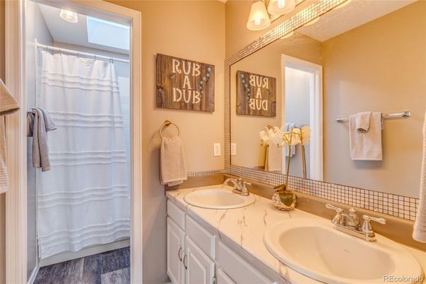 Bathroom, Dual Sink Vanities, Interior, Tile Countertops, Wood Texture Flooring