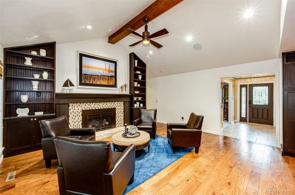 Fireplace, Interior, Living room, Recessed Lighting, Wooden Beams, Wood Texture Flooring