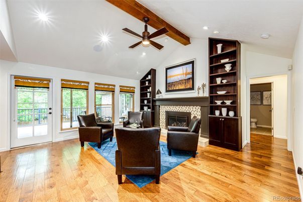 Fireplace, Interior, Living room, Recessed Lighting, Wooden Beams, Wood Texture Flooring