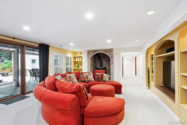 Fireplace, Interior, Living room, Recessed Lighting, Stone Walls