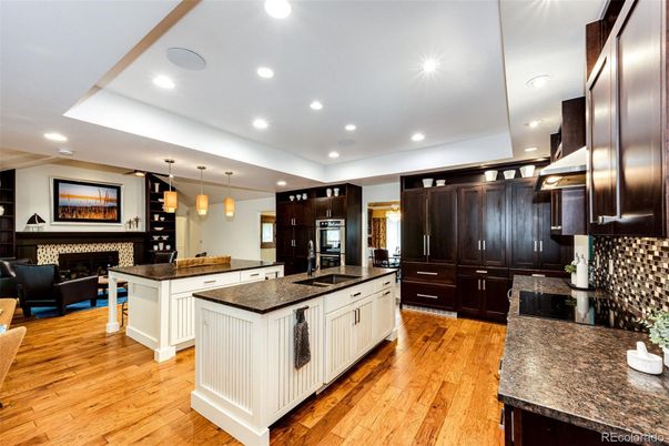 Fireplace, Interior, Kitchen, Living room, Pendant Lights, Recessed Lighting, Wood Texture Flooring